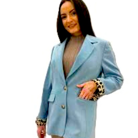 Women's Light Blue Blazer with Leopard Print Cuffs | Size Medium | Boutique Find - Picture 1 of 9